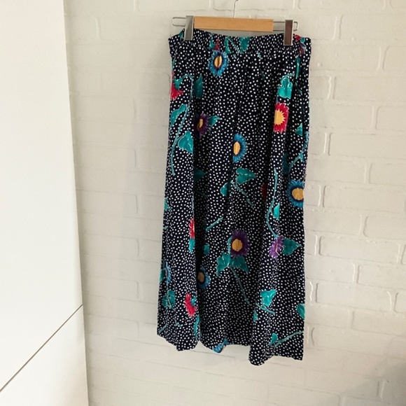 Vintage Maxi skirt Button down Navy Polka dot Dark Floral print Coquette 20W - Picture 8 of 8